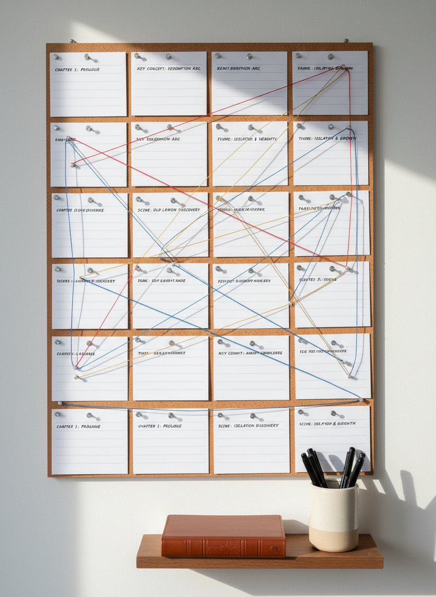 A tidy corkboard mounted on a smooth white wall, covered with neatly pinned index cards, each bearing carefully printed scene outlines, key concepts, and thematic notes. Thin colored threads connect several cards, forming a deliberate web of narrative structure. A narrow ledge below the board holds a closed leather-bound notebook and a set of fine-tipped black pens arranged in a ceramic holder. Soft, indirect afternoon light from the right casts delicate shadows that emphasize the dimensionality of the cards and threads. Photographically realistic and shot straight-on with sharp focus throughout, the composition feels organized and analytical, evoking the creative architecture behind thoughtful writing and scholarly planning.