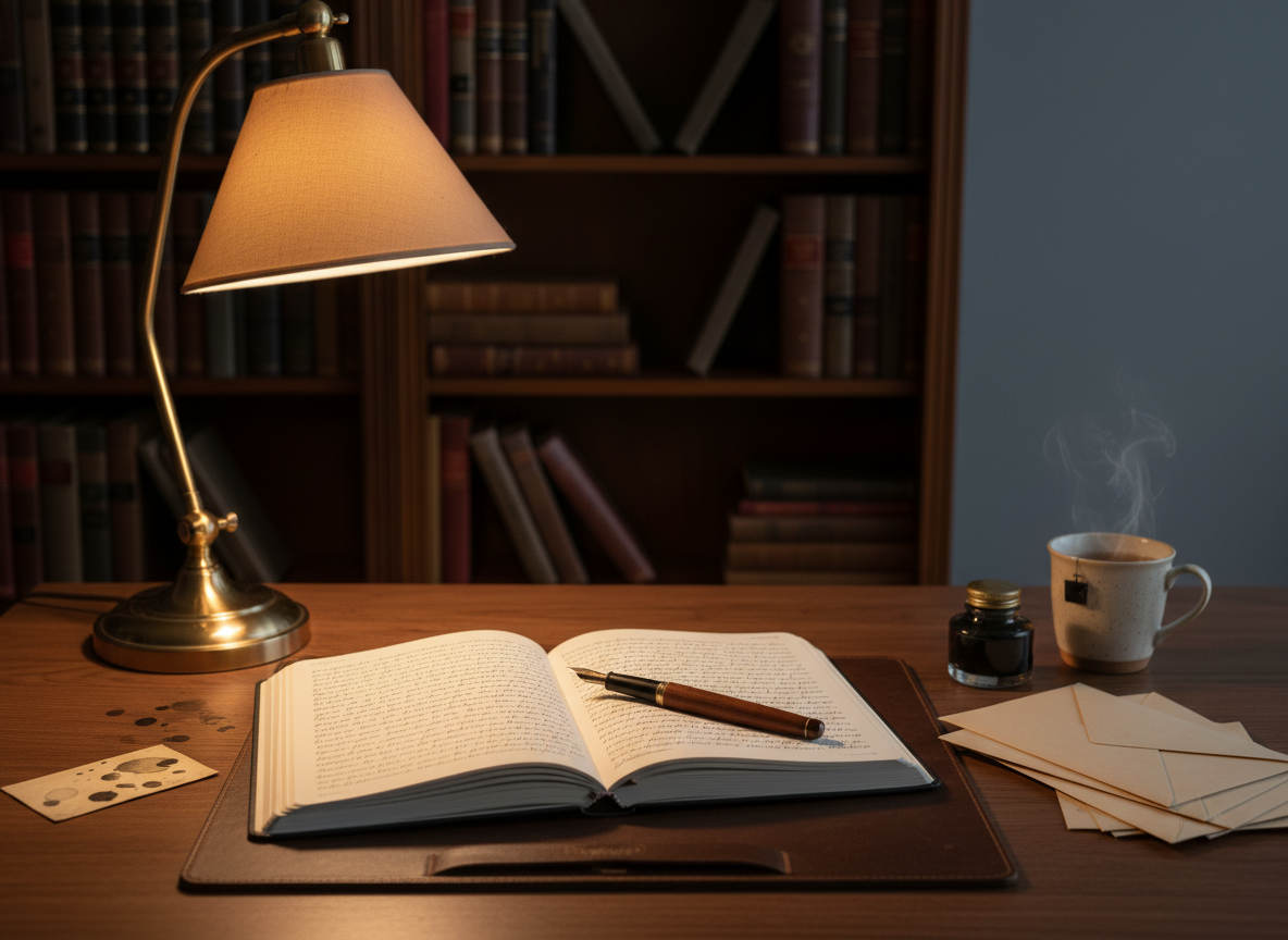 A meticulously arranged wooden writing desk in a quiet study, its surface holding an open hardbound notebook filled with neat handwritten lines and a finely crafted fountain pen resting across the page. A vintage brass desk lamp with a fabric shade casts warm, focused light that pools over the paper, creating gentle shadows along the notebook’s edges. In the softly blurred background, tall bookshelves filled with academic texts and creative writing volumes line a muted, slate-colored wall. Captured at eye level in photographic realism with a shallow depth of field, the composition follows the rule of thirds, evoking a calm, professional atmosphere that suggests disciplined, reflective creativity.