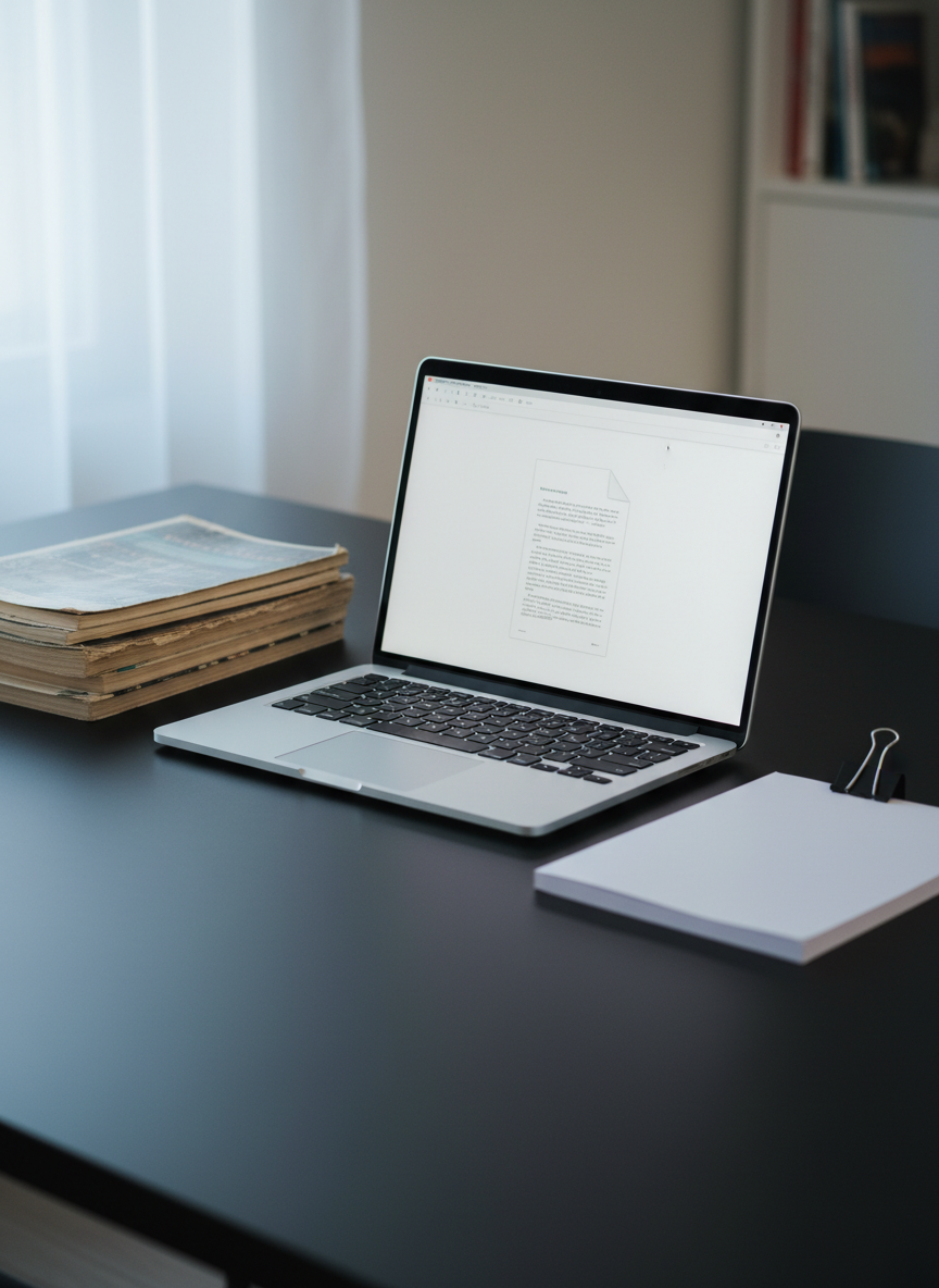 A sleek modern laptop displaying a clean, minimalist word processor interface set on a smooth matte-black desk, flanked by a stack of well-worn literary journals and a single crisp manuscript clipped neatly. Soft, cool daylight filters in from an unseen window to the left, creating subtle reflections on the laptop’s metallic casing and a gentle gradient of light across the desk surface. The background falls into gentle bokeh, hinting at a tidy, contemporary office with neutral tones. Shot from a slightly elevated angle in photographic realism, the composition balances professionalism and creative focus, conveying a space dedicated to thoughtful writing and serious craft.